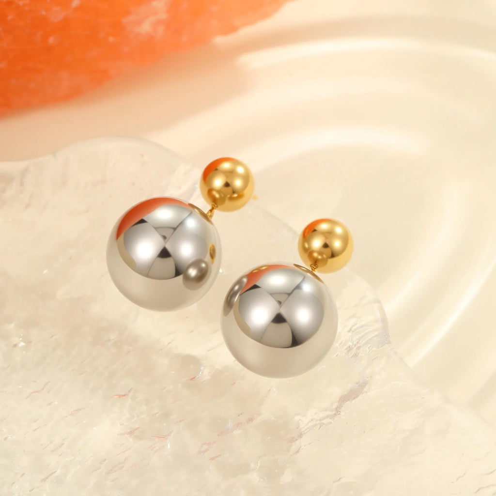 Stainless steel geometric ear studs with colour-block round sphere beads, 18K purity