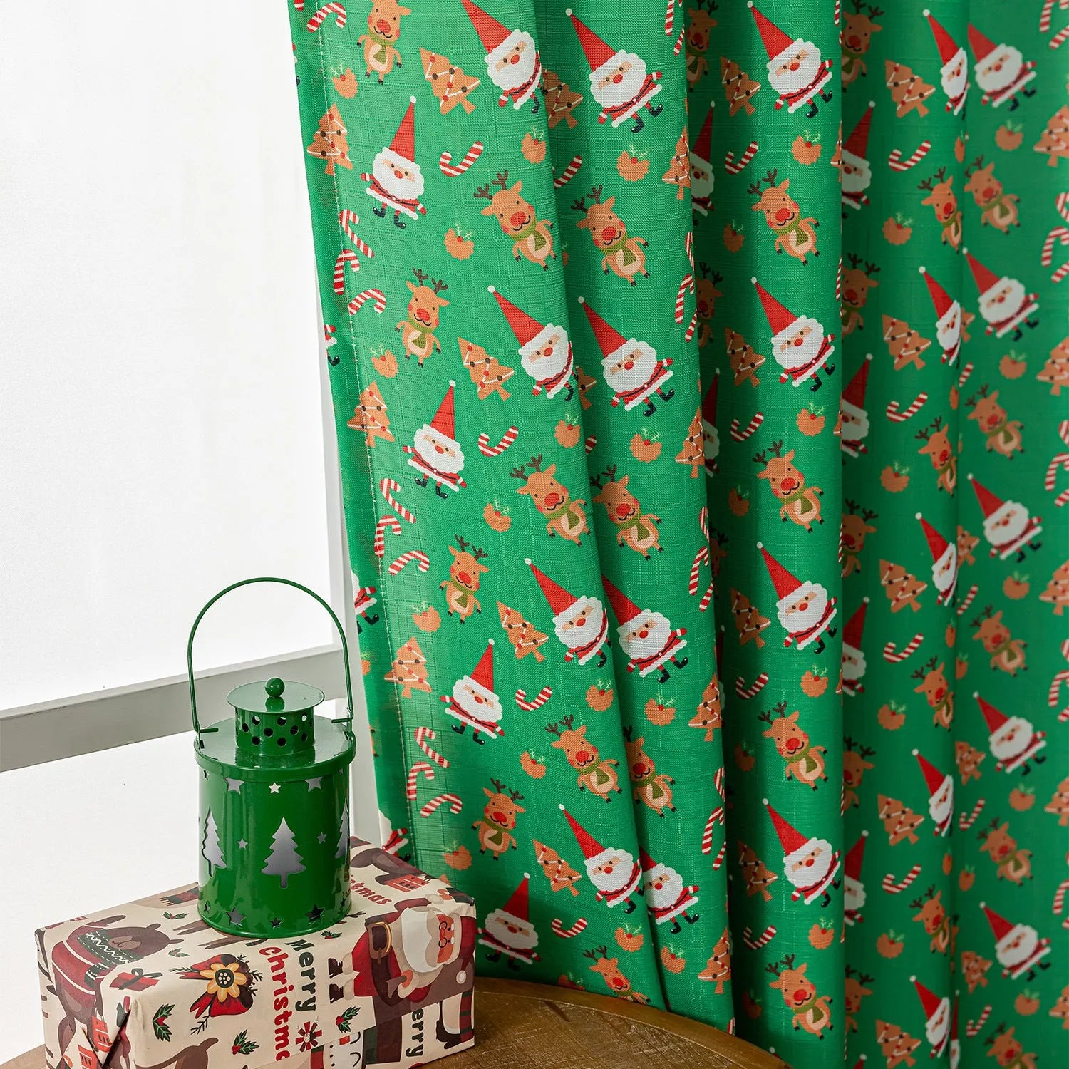 Christmas snowman angel print curtain panel in red colour with cartoon anime figures