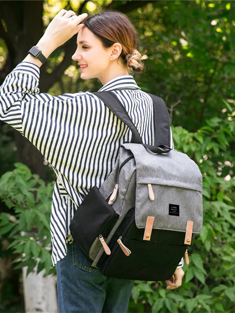 LAND grey Oxford cloth mum diaper backpack with changing mat, shown with dimensions