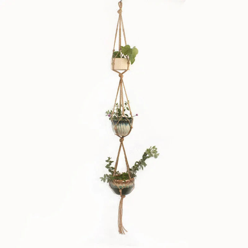 Cotton rope woven wire basket planter shown in desktop, wall hanging, and hanging configurations