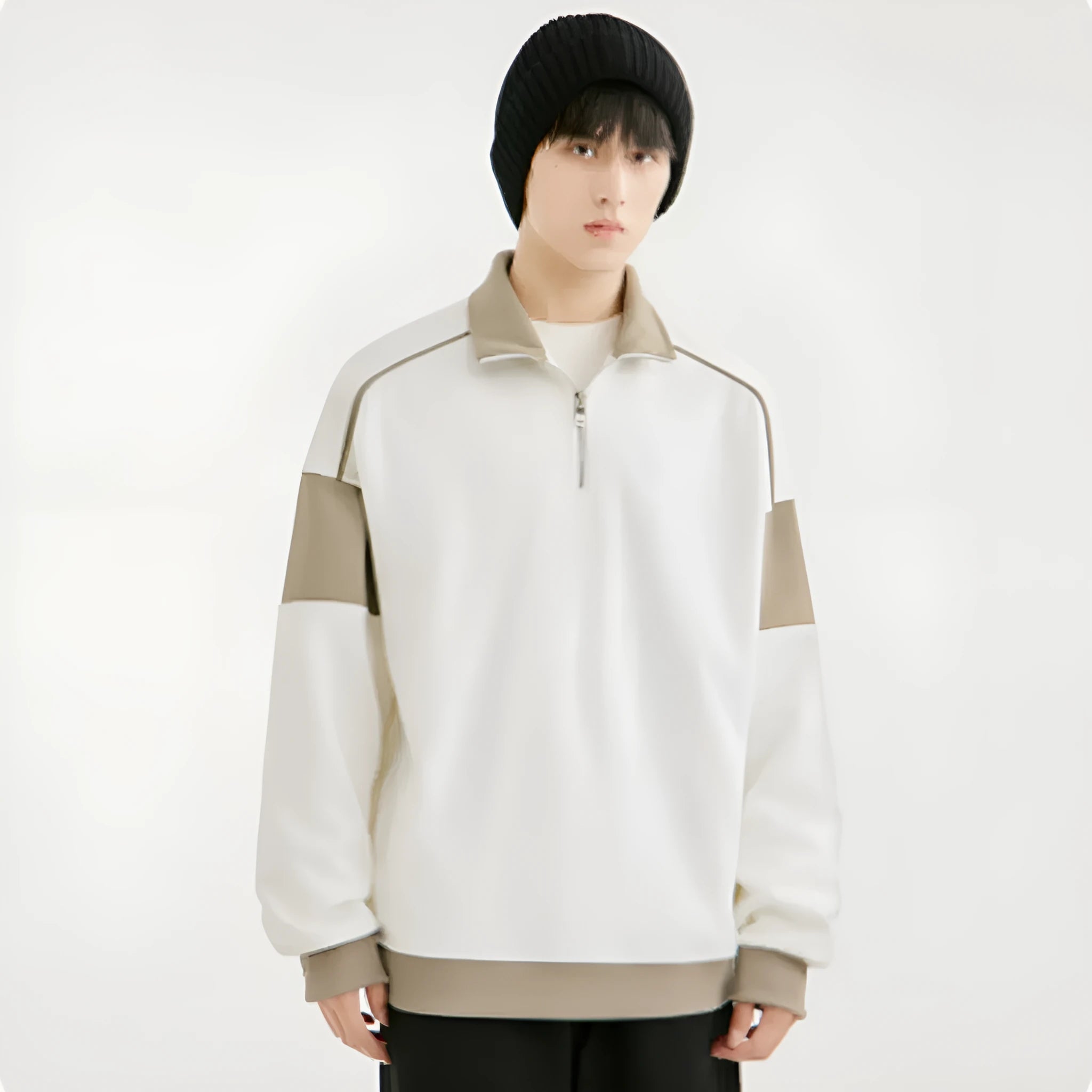 Men's corduroy rabbit fur hooded sweater with drop shoulders and loose lapels in neutral colours