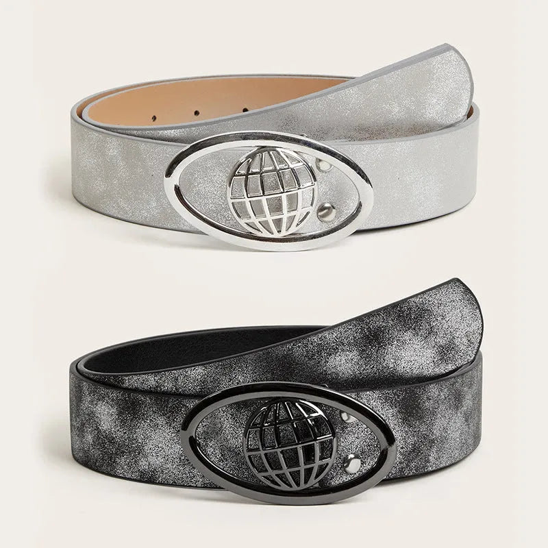 Retro women's belt with oval alloy buckle in thick PU leather