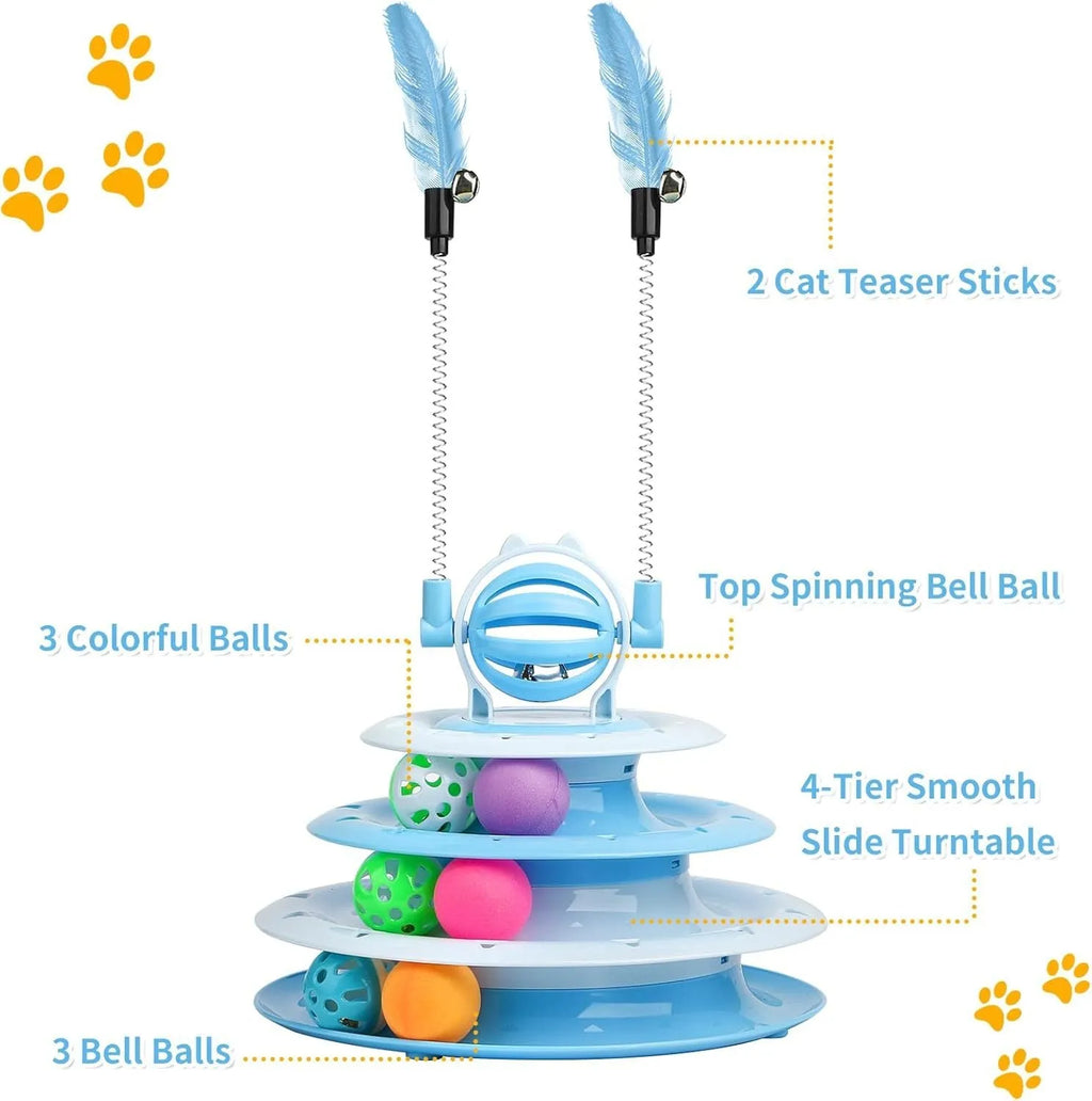 Blue four-tier interactive cat puzzle toy with rolling balls and teaser rods on a table.