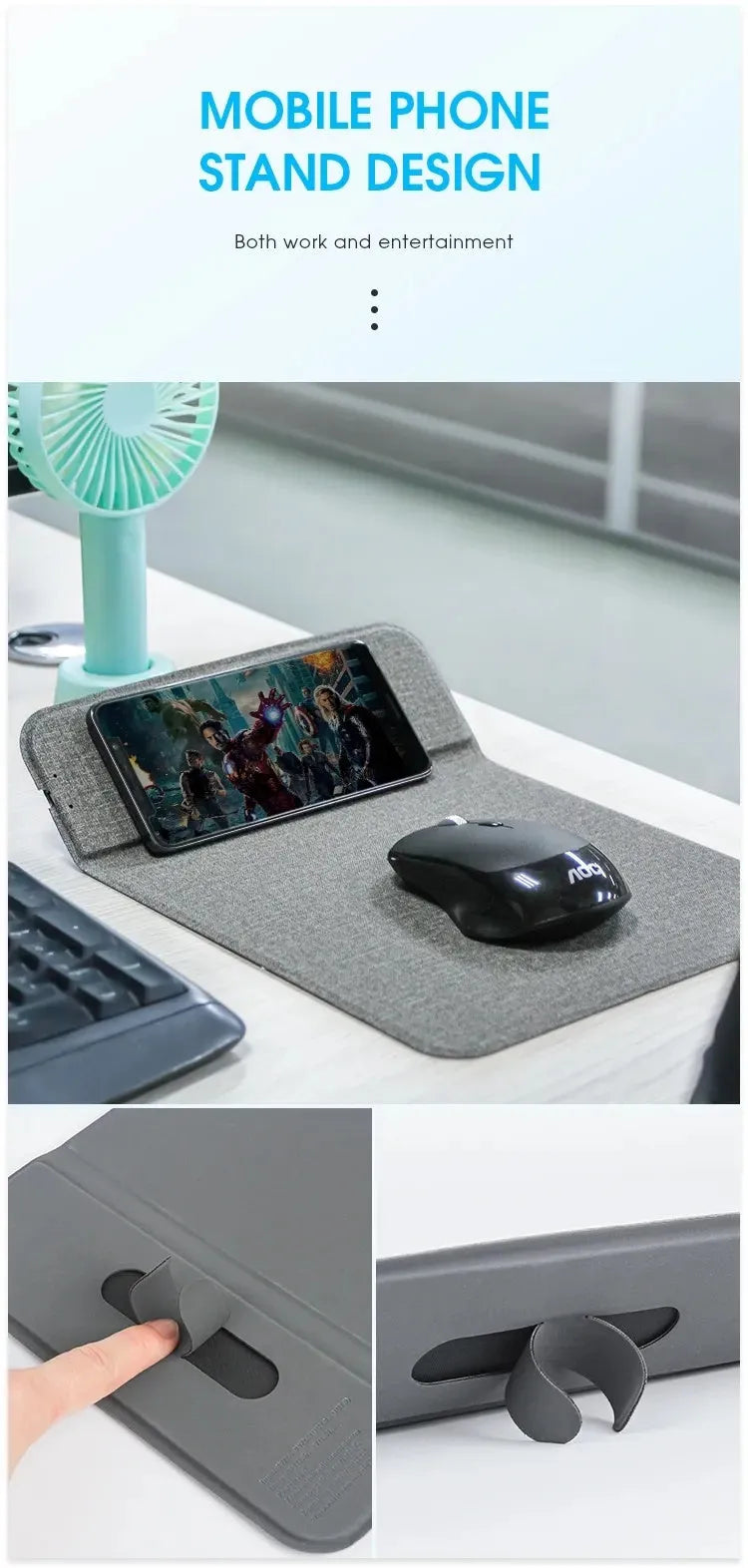 Foldable cloth phone holder wireless charger showing compact folded size and phone charging position
