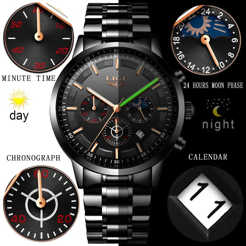 Men's waterproof quartz sports watch in black and rose red gold with 12mm thickness