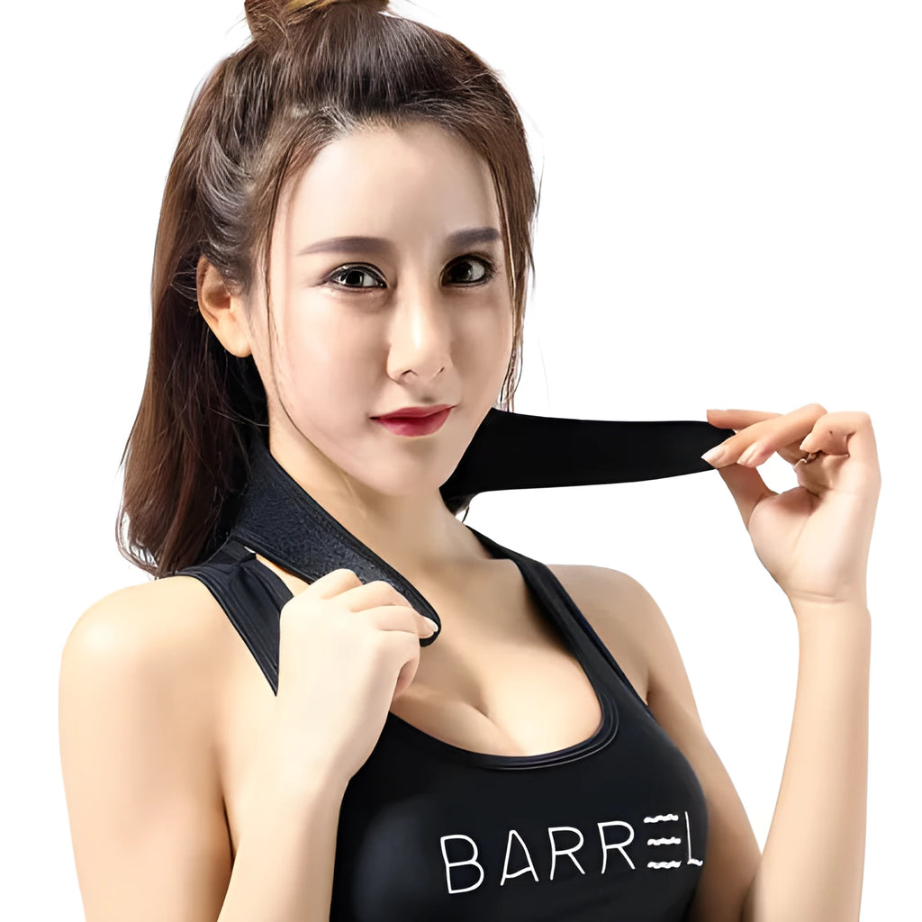 Black self-heating magnetic therapy neck guard with adjustable shoulder strap.