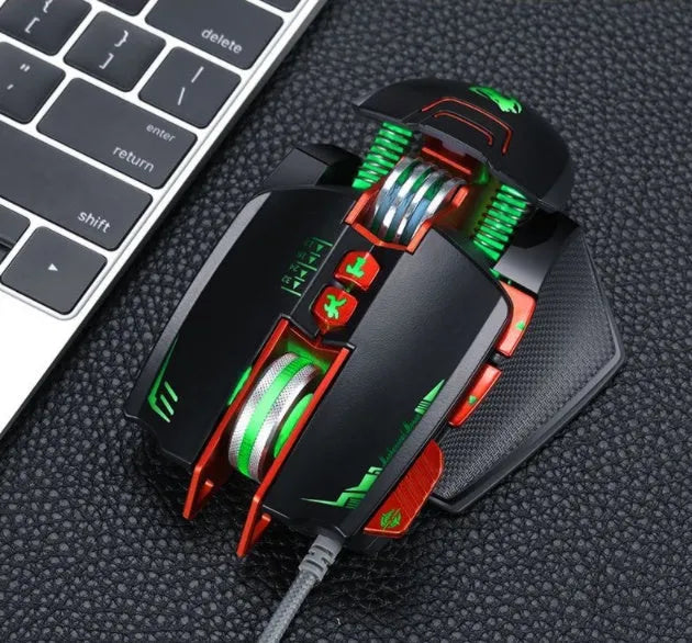 Thunder Wolf V9 black wired gaming mouse with six keys on desktop