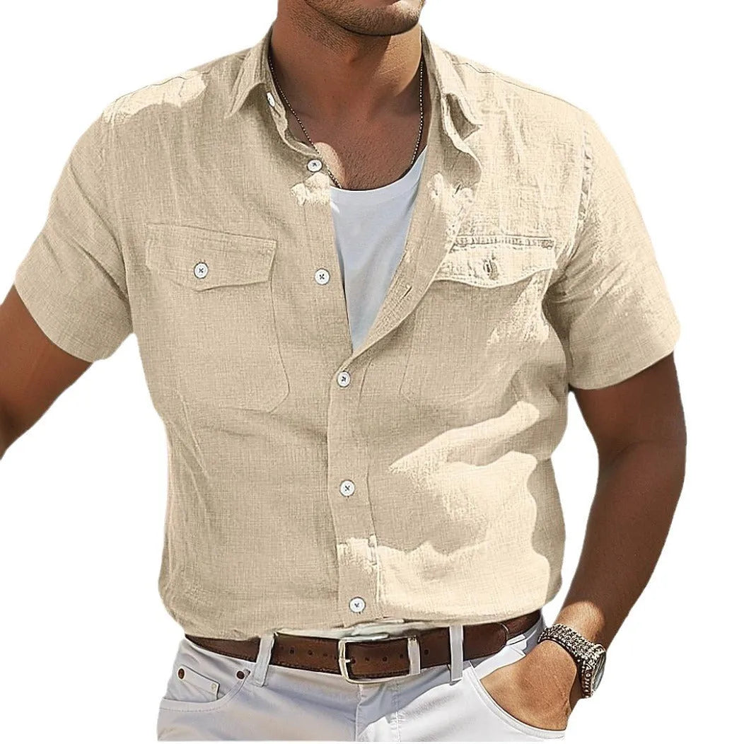 Men's solid colour linen summer shirt with polo collar and long sleeves in a loose cardigan style.