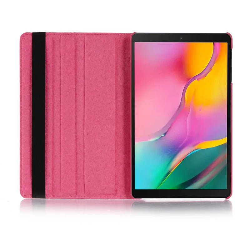 iPad rotating protective sleeve in imitation leather, showing clamshell design in solid colour options like black, blue, or pink.