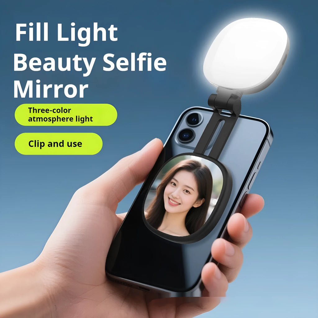 Black and white mini magnetic fill light for mobile phone with adjustable phone holder.