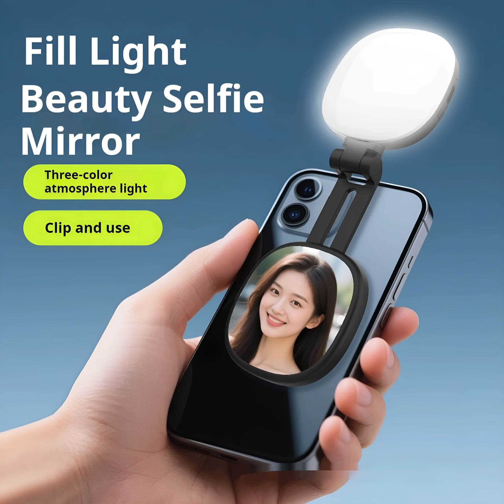 Black and white mini magnetic fill light for mobile phone with adjustable phone holder.