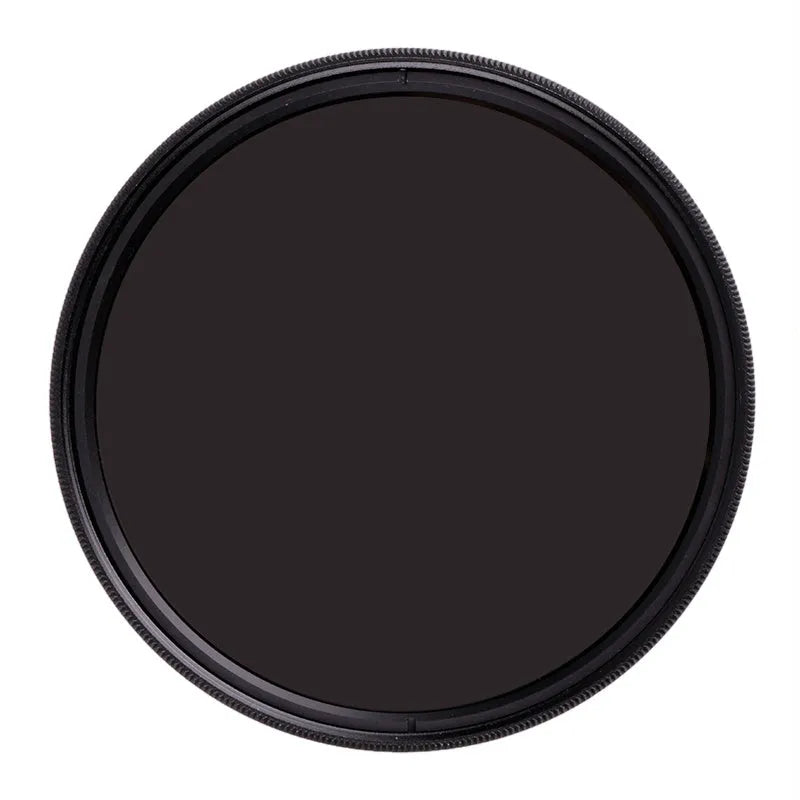 ND8 camera lens filter with aviation aluminium frame shown next to a camera lens