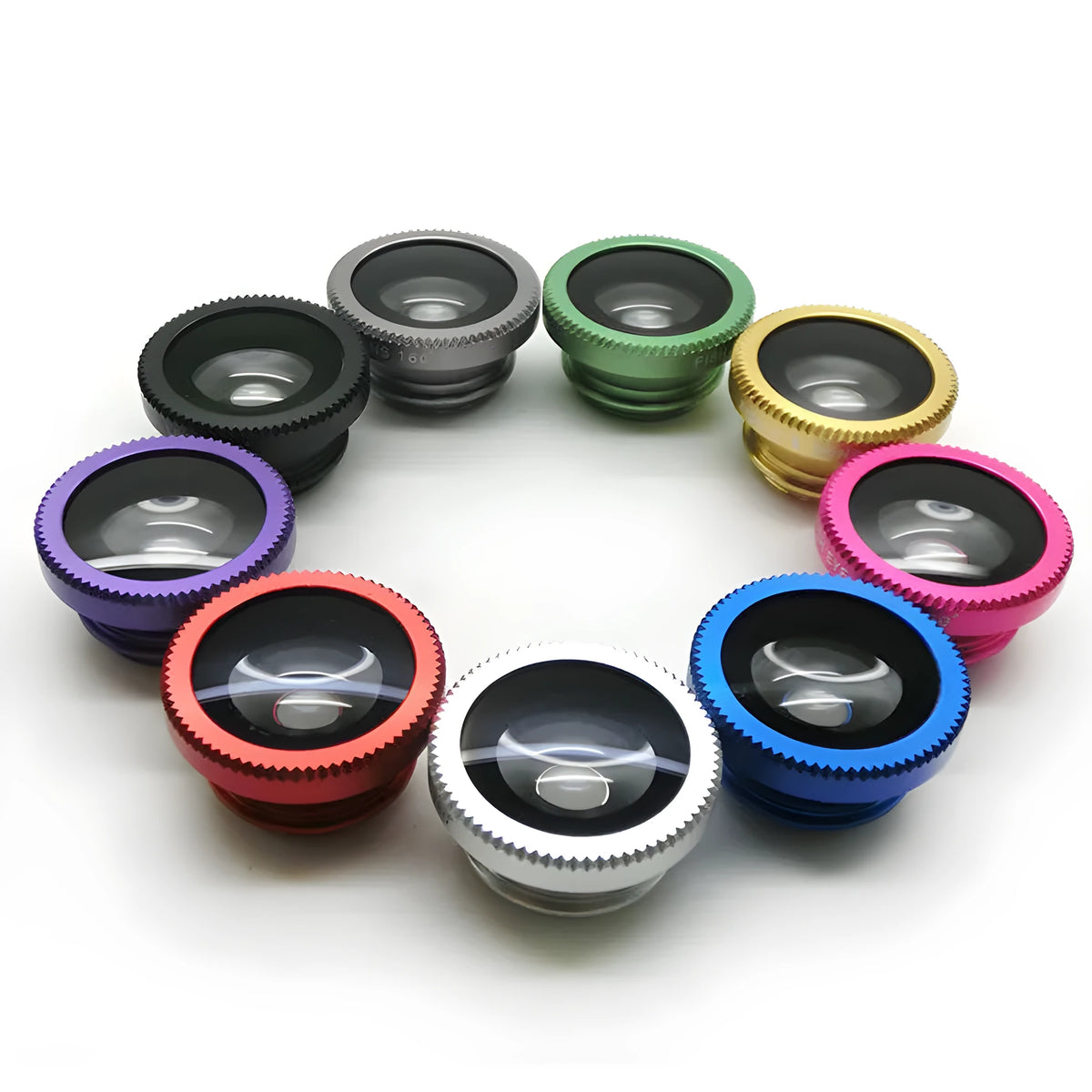 Three-in-one mobile phone camera lens kit showing fisheye, wide-angle, and macro attachments with a universal clip.