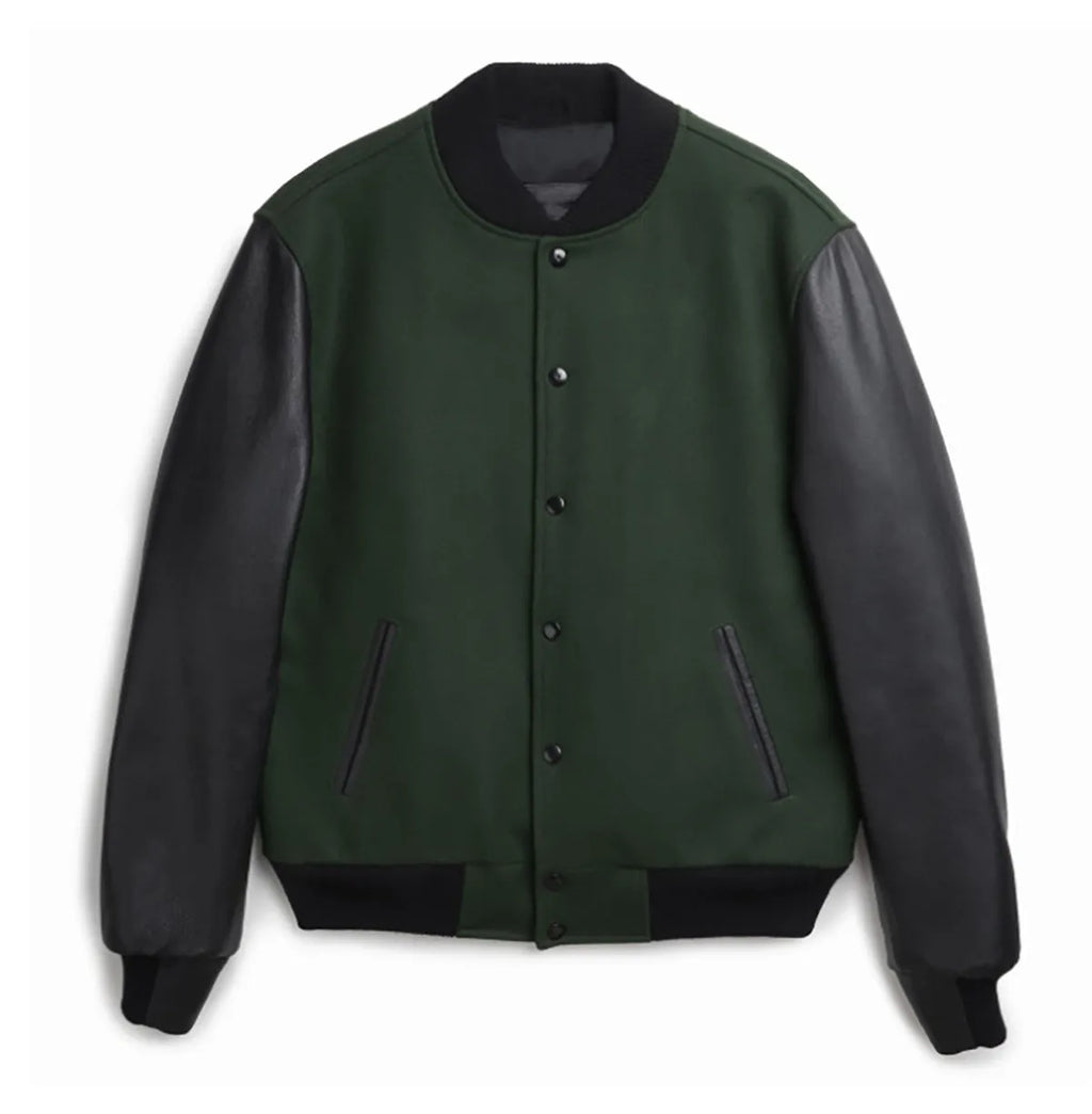 Men's PU leather sleeve spliced flight jacket in black with colour block pattern and side seam pockets