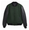 Men's PU leather sleeve spliced flight jacket in black with colour block pattern and side seam pockets