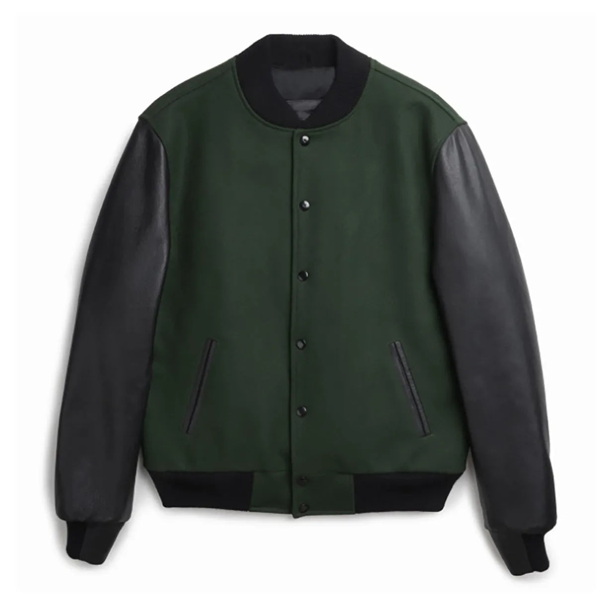 Men's PU leather sleeve spliced flight jacket in black with colour block pattern and side seam pockets