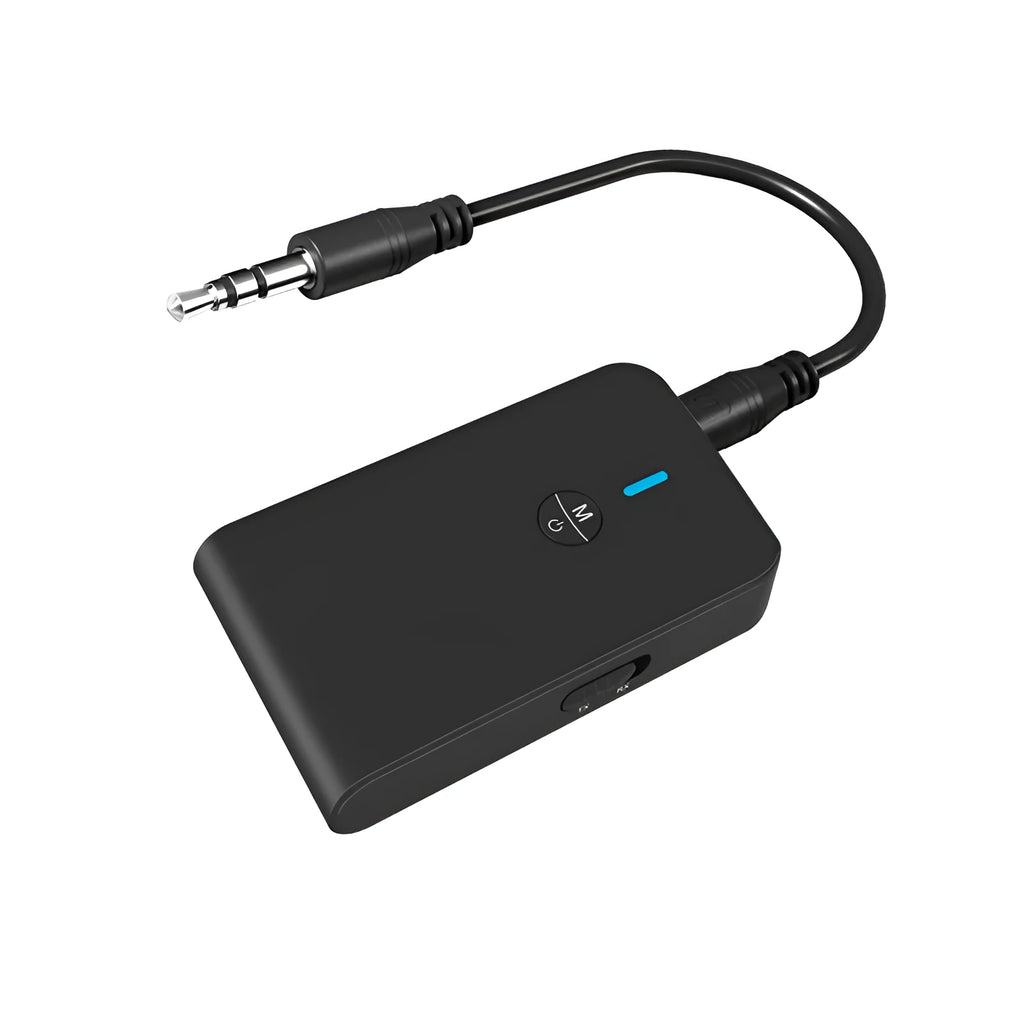 Black Bluetooth audio adapter with 3.5mm AUX jack for converting wired headphones to wireless operation