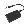 Black Bluetooth audio adapter with 3.5mm AUX jack for converting wired headphones to wireless operation