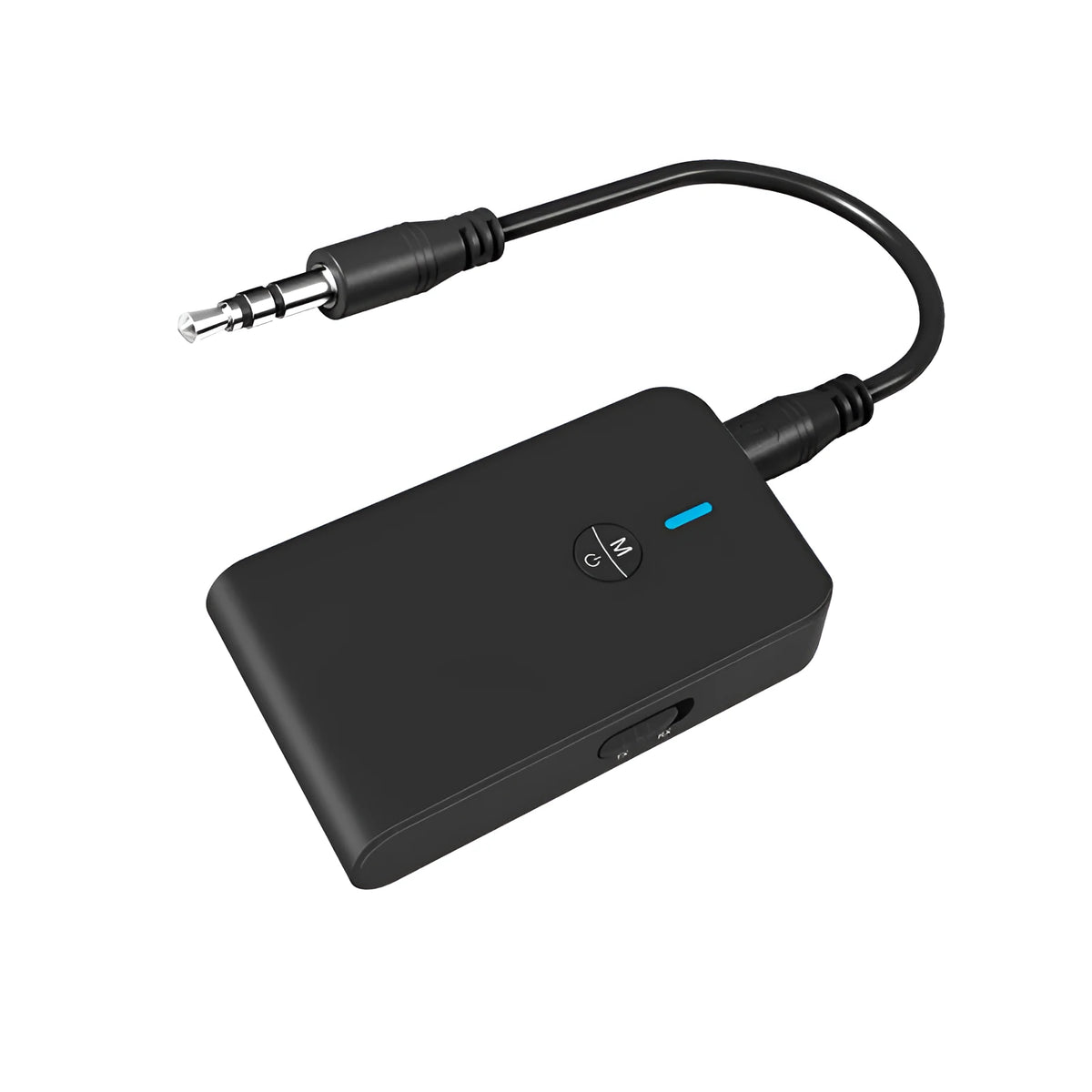 Black Bluetooth audio adapter with 3.5mm AUX jack for converting wired headphones to wireless operation