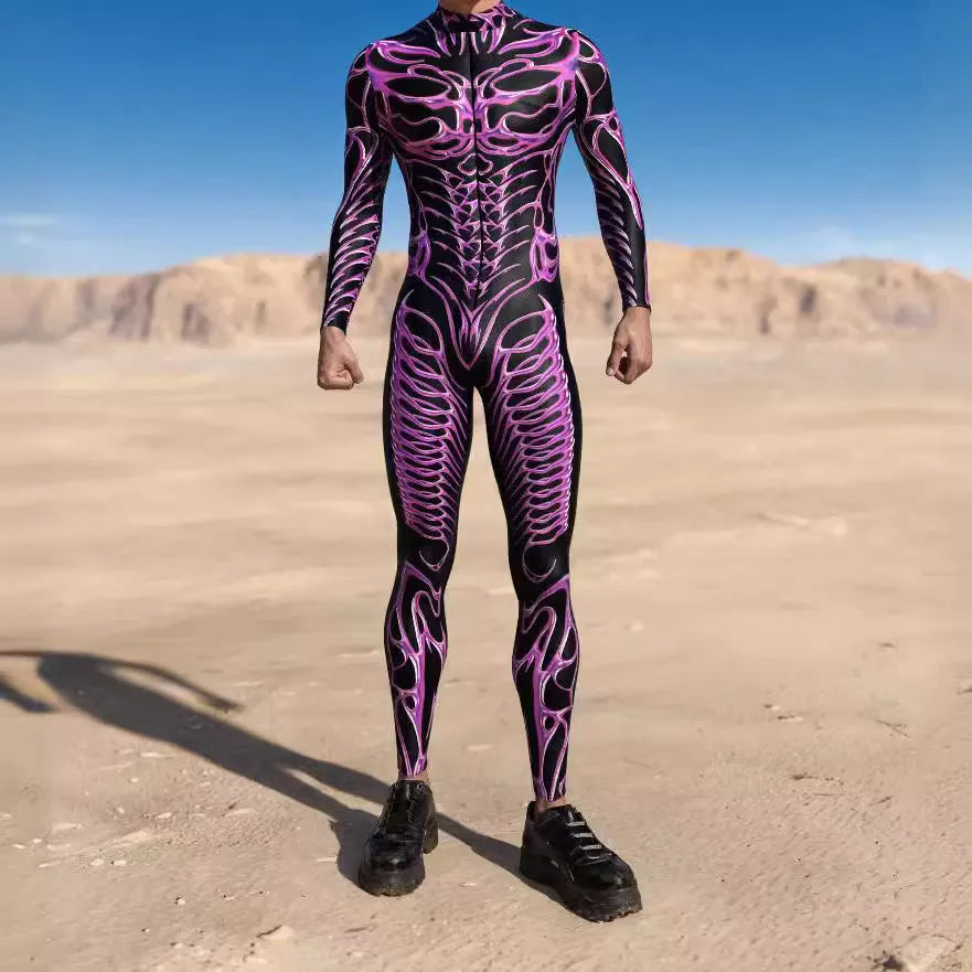 Adult 3D digital print cosplay jumpsuit in stretch spandex, one-piece Halloween costume, sizes S to 4XL