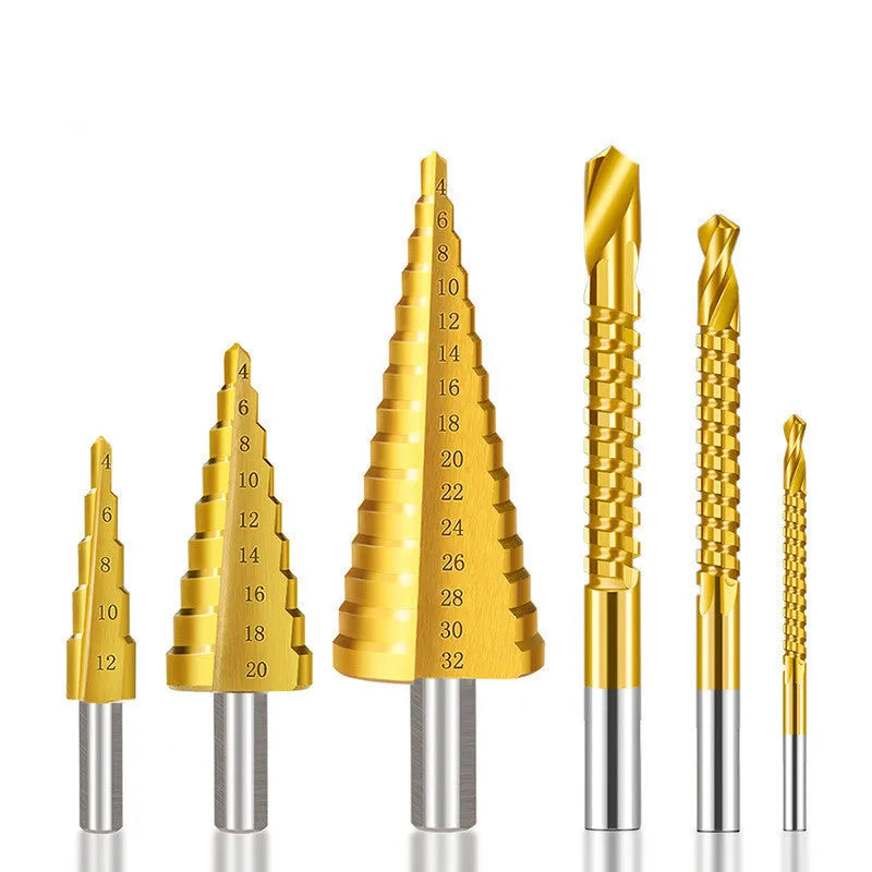 High speed steel step drill bit and centre punch set in metal case with size markings from 3mm to 32mm