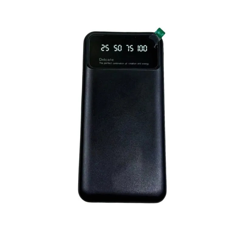 Black ultra-thin portable power bank with 10000mAh capacity, showing compact size.