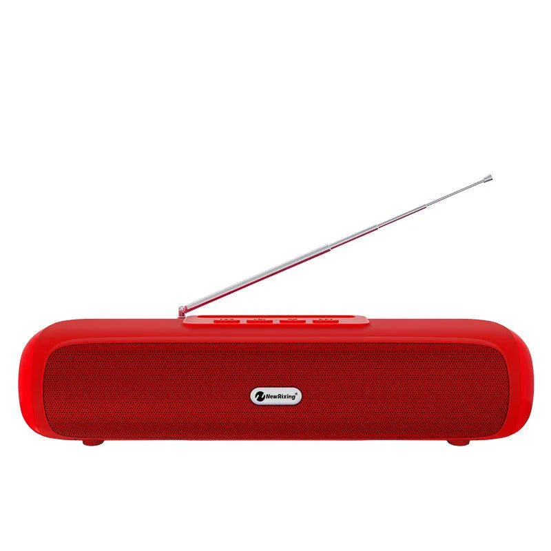 Long strip wireless desktop subwoofer speaker in black, blue, red, or silver grey finishes.