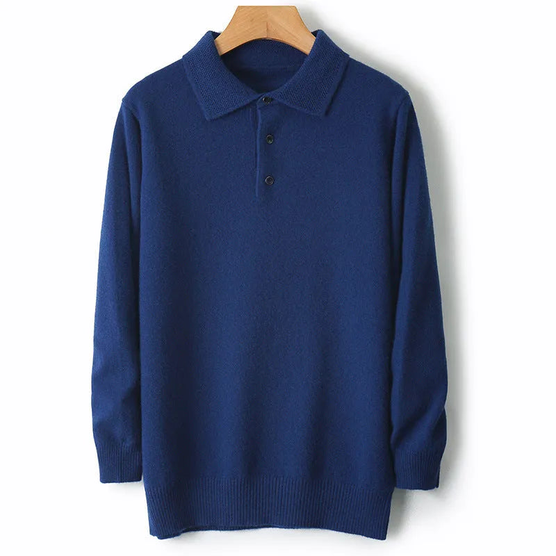 Men's grey woolen pullover sweater with a polo collar and long sleeves on a hanger