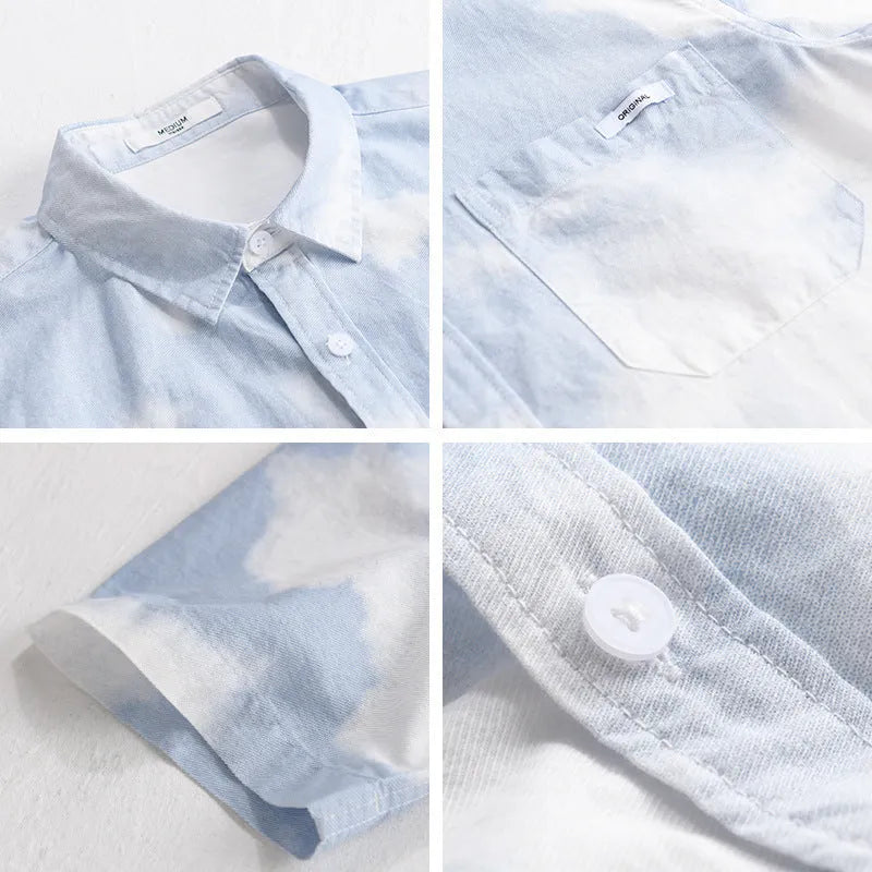 Men's light pink pure cotton short-sleeve shirt with loose cardigan fit on hanger