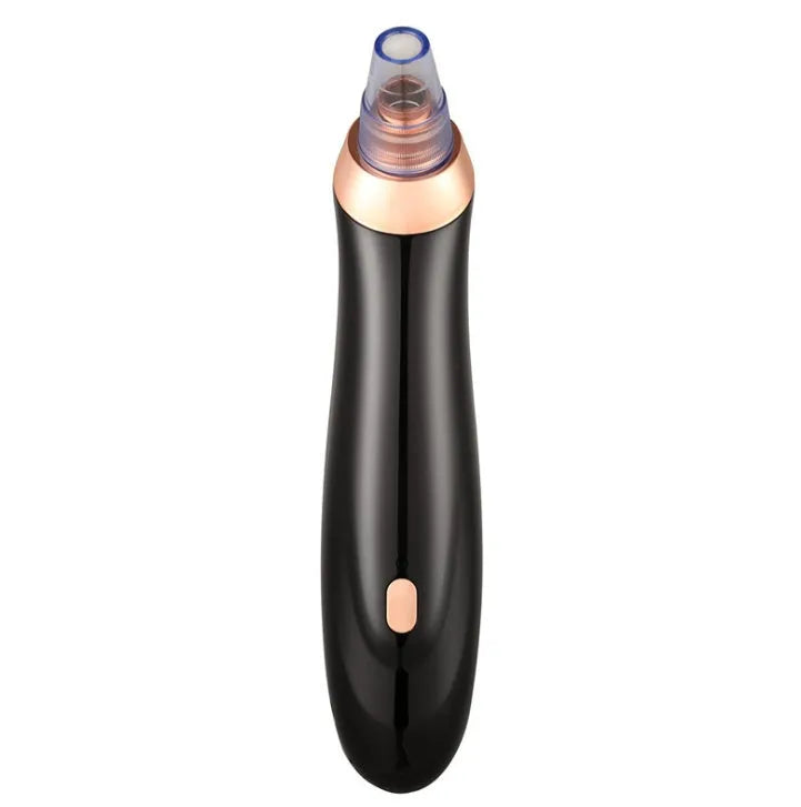 Black electric blackhead remover device with vacuum suction function and different coloured nozzles.
