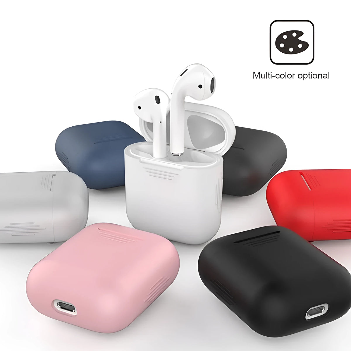 Silicone protective case for AirPods with earmuffs and a detachable anti-lost rope in various colours.