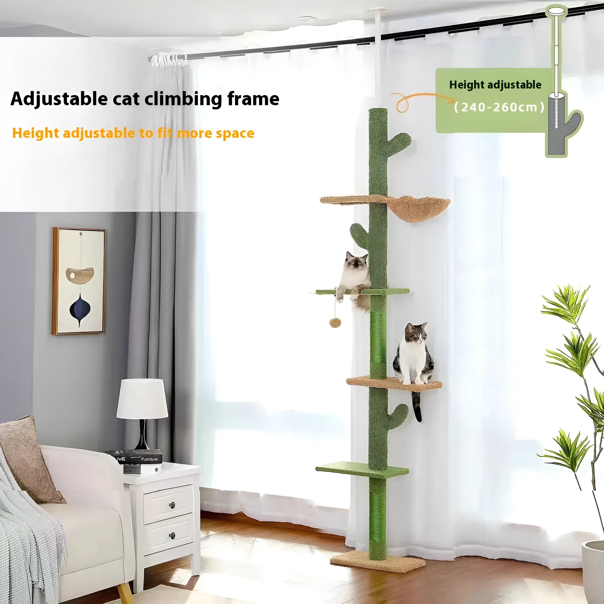 Tall solid wood cat tree with cactus-shaped nest, integrated scratch board, and hanging toys