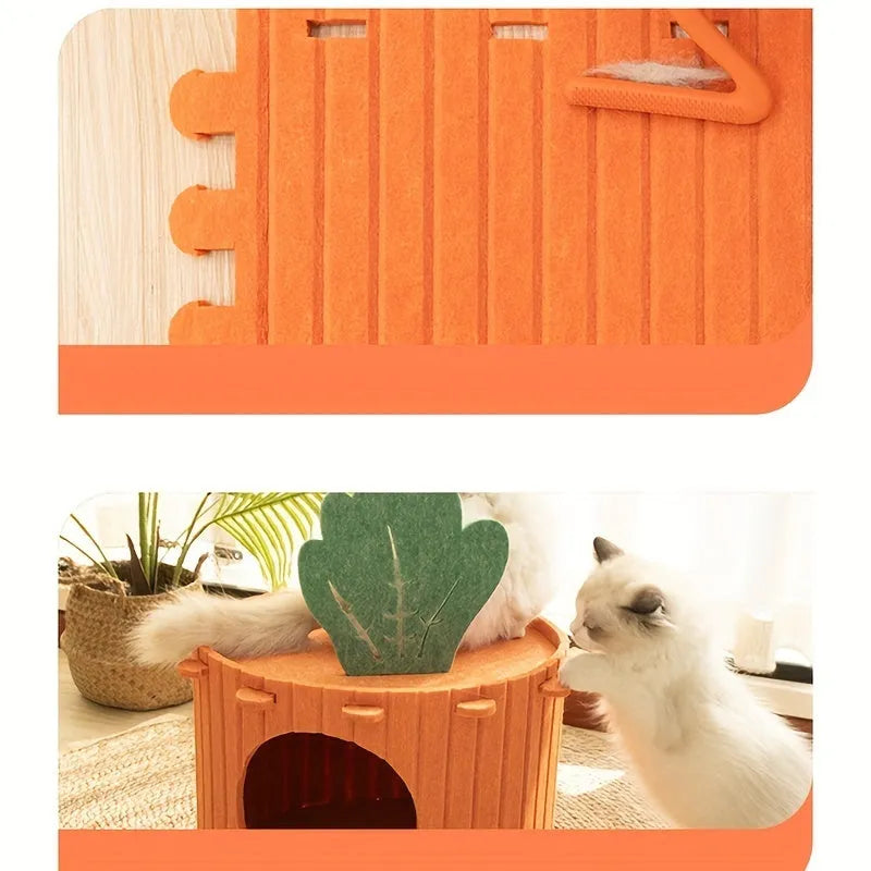 Carrot-shaped grey felt cat tunnel nest, semi-enclosed with drilled openings, shown in two sizes.