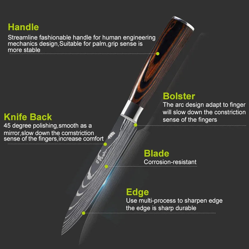 Chef knife with laser Damascus pattern on 7CR17 steel blade and colour steel handle.