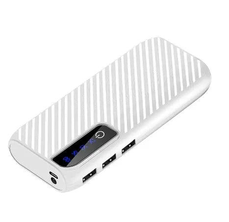 20000mAh mini power bank in black, blue, pink, or white with compact 142mm size