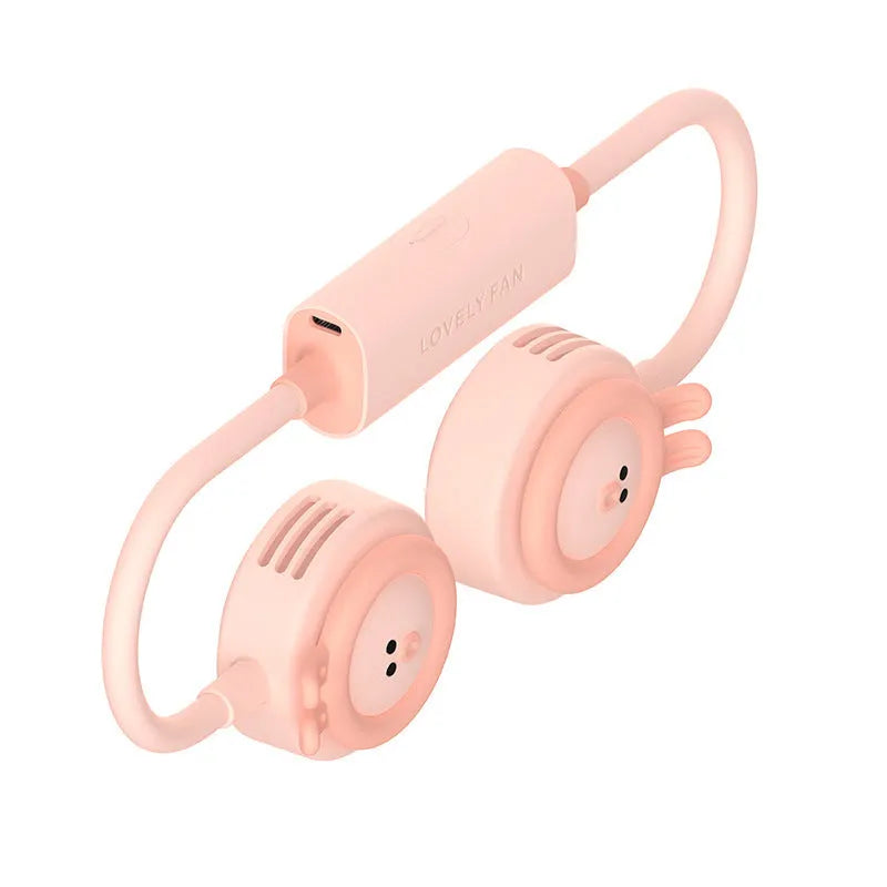 Pink and blue leafless hanging neck fan folded showing USB port and mechanical controls