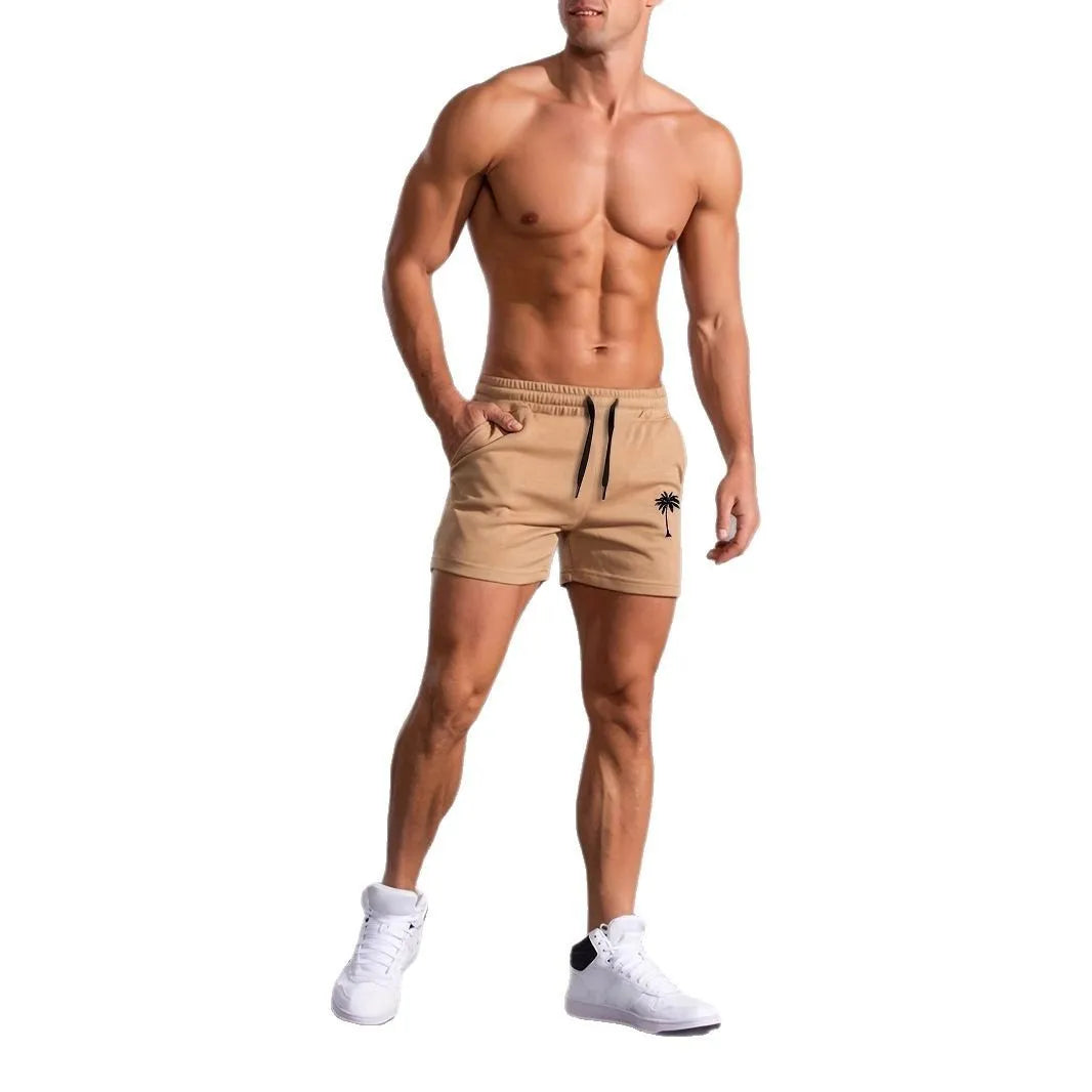 Men's khaki coconut print sports shorts with straight leg and micro-elastic polyester fabric