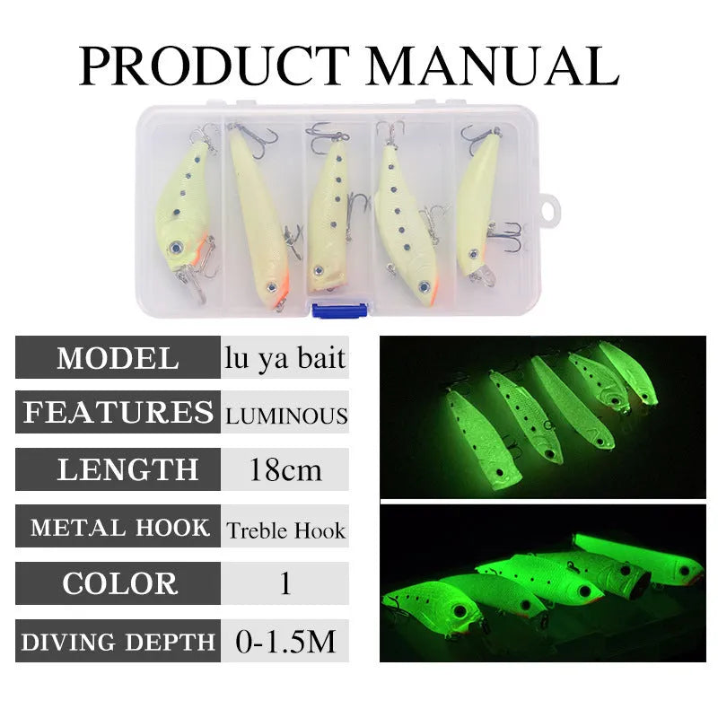 Set of five 3D fluorescent hard bait fishing lures with realistic fish-scale patterns in assorted colours