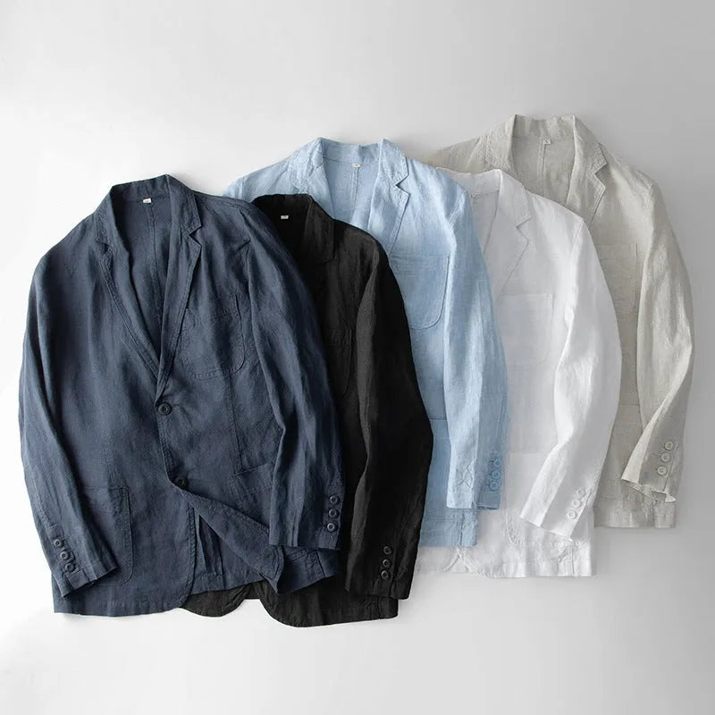 Men's linen casual suit jacket in loose fit with long sleeves available in multiple solid colours