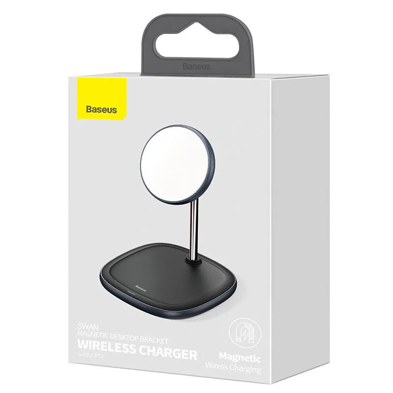 Black magnetic wireless charging stand for iPhone 12 with Type-C cable on a desk