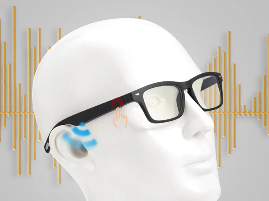 Smart glasses with semi-open Bluetooth speakers, PC+ABS frame, and protective lenses