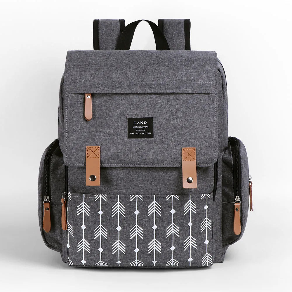 LAND grey Oxford cloth mum diaper backpack with changing mat, shown with dimensions