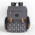 LAND grey Oxford cloth mum diaper backpack with changing mat, shown with dimensions