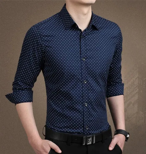 Men's long sleeve polka dot shirt in navy blue, slim fit, sizes M-5XL, with shoulder and bust measurements shown.