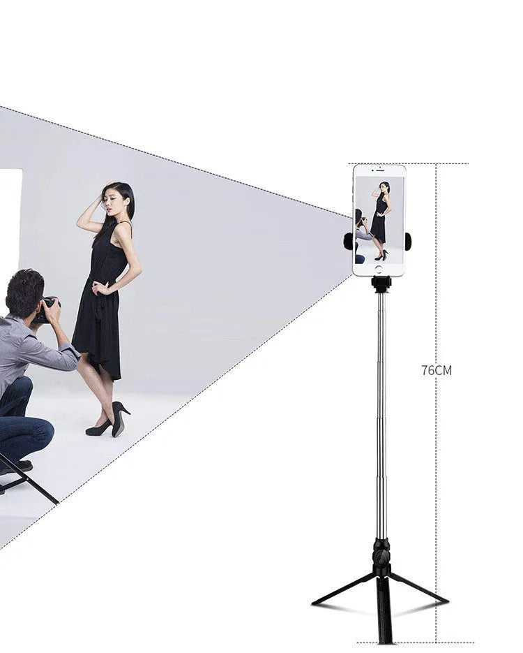 Black aluminium Bluetooth tripod selfie stand for iPhone with extended legs and remote control