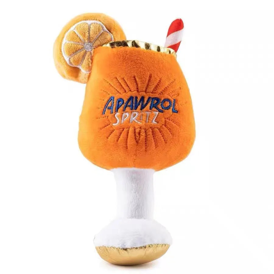 Yellow beer bottle squeaky plush dog toy with teeth cleaning ridges