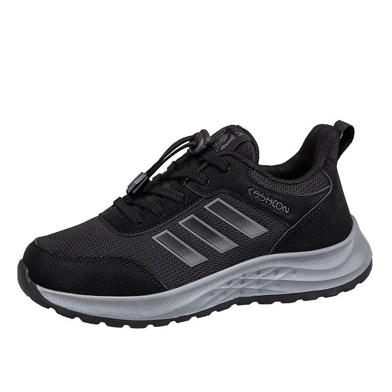 Breathable mesh mom shoes with elastic band and non-slip sole in purple, red, black, and dark grey colours.
