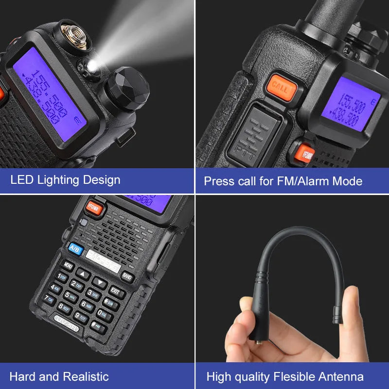 Black handheld VHF UHF walkie talkie with antenna, showing compact 110x58x32mm dimensions.