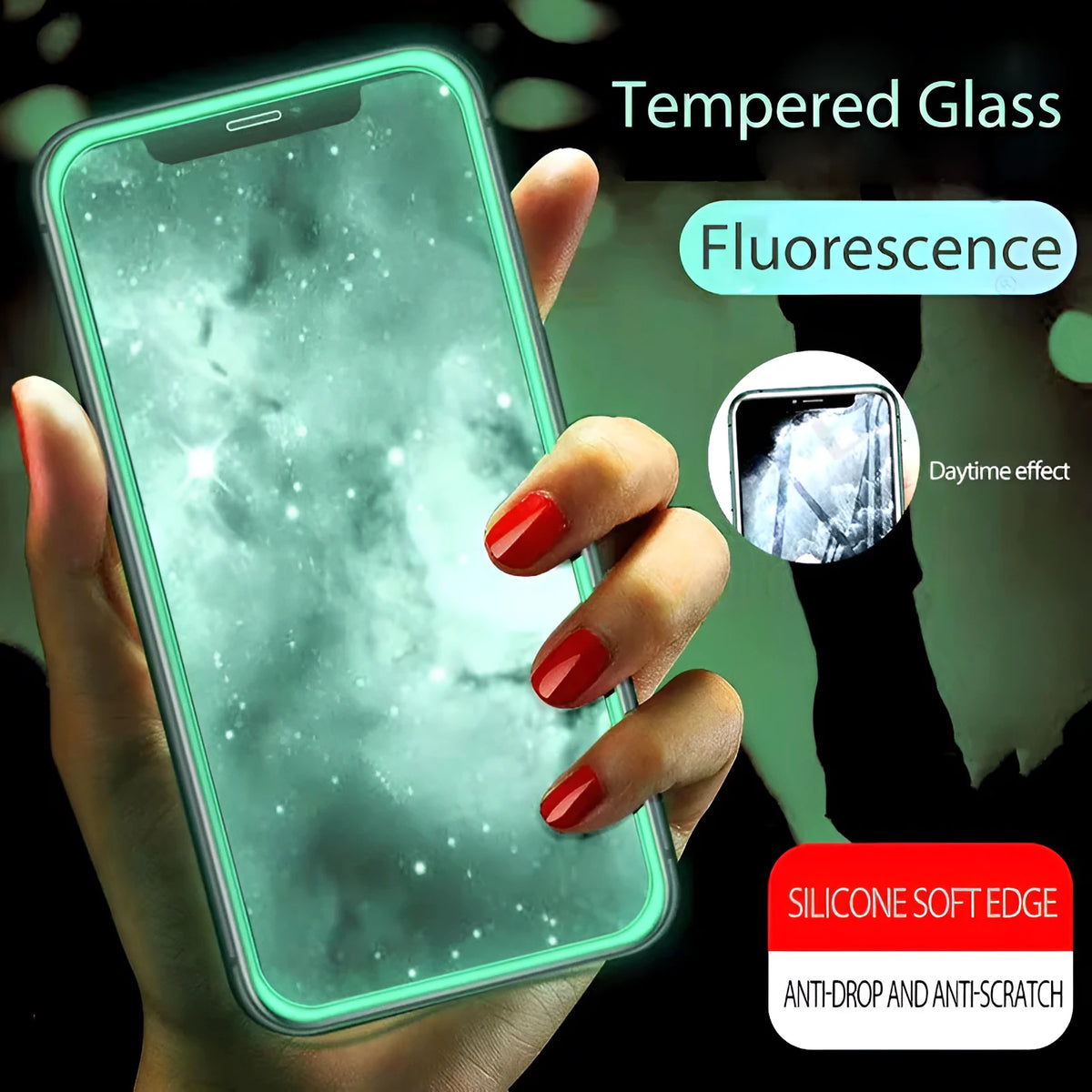 Luminous full cover tempered glass screen protector for iPhone showing glow effect in dark setting
