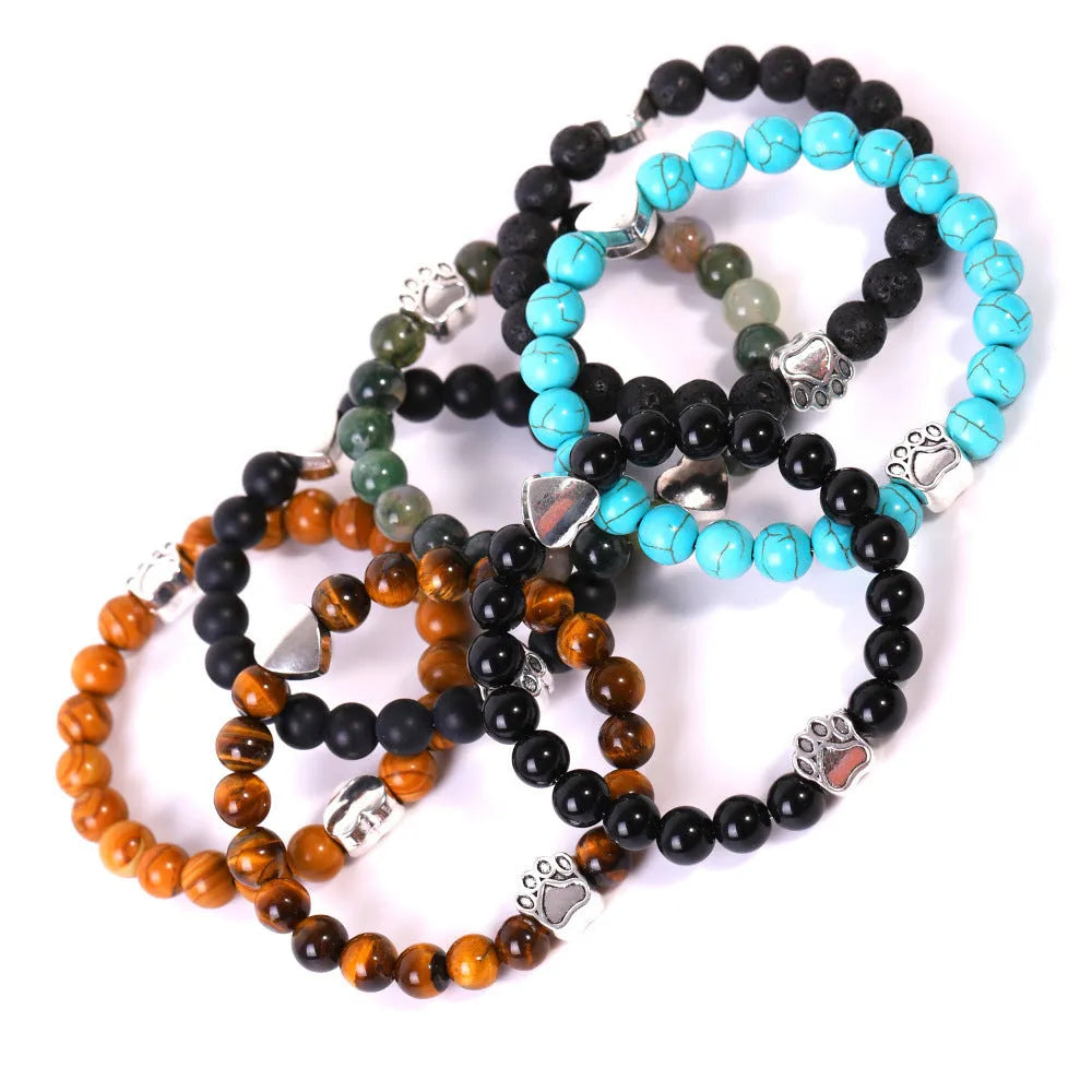 Tiger eye Indian agate stone bracelet with dog's paw beads and love heart charm on adjustable band
